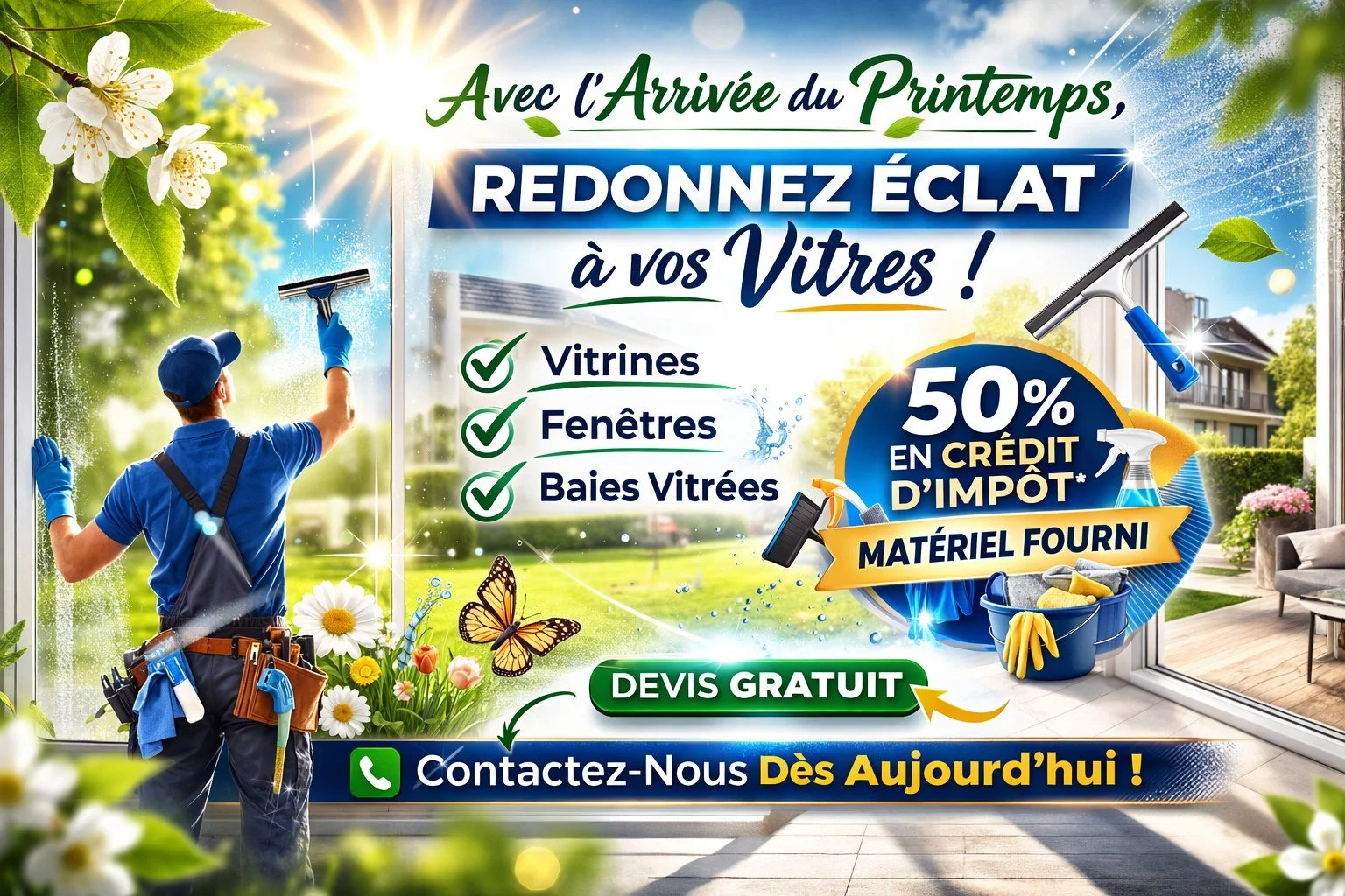 🌿 Avec l&rsquo;arriv&eacute;e du printemps, redonnez &eacute;clat &agrave; vos vitres ! ✨

Fini les traces et la grisaille, place &agrave; la lumi&egrave;re ☀️
Profitez d&rsquo;un nettoyage professionnel avec mat&eacute;riel fourni et b&eacute;n&eac