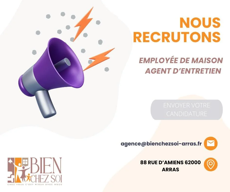 📢 RECHERCHE 1 EMPLOY&Eacute;(E)S DE MAISON sur le secteur de Blairville
CDI temps partiel
Compatible avec un autre emploi
🧹 Entretien maison, repassage, vitres
🚗 V&eacute;hicul&eacute;(e) obligatoire
✅ Exp&eacute;rience indispensable
✔️ Autonome, 