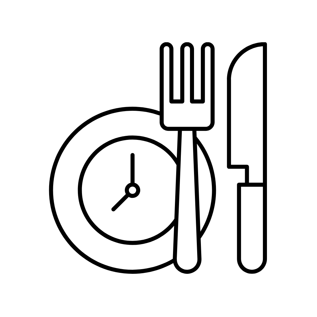 Outline of a dining plate with a clock, fork, and knife.