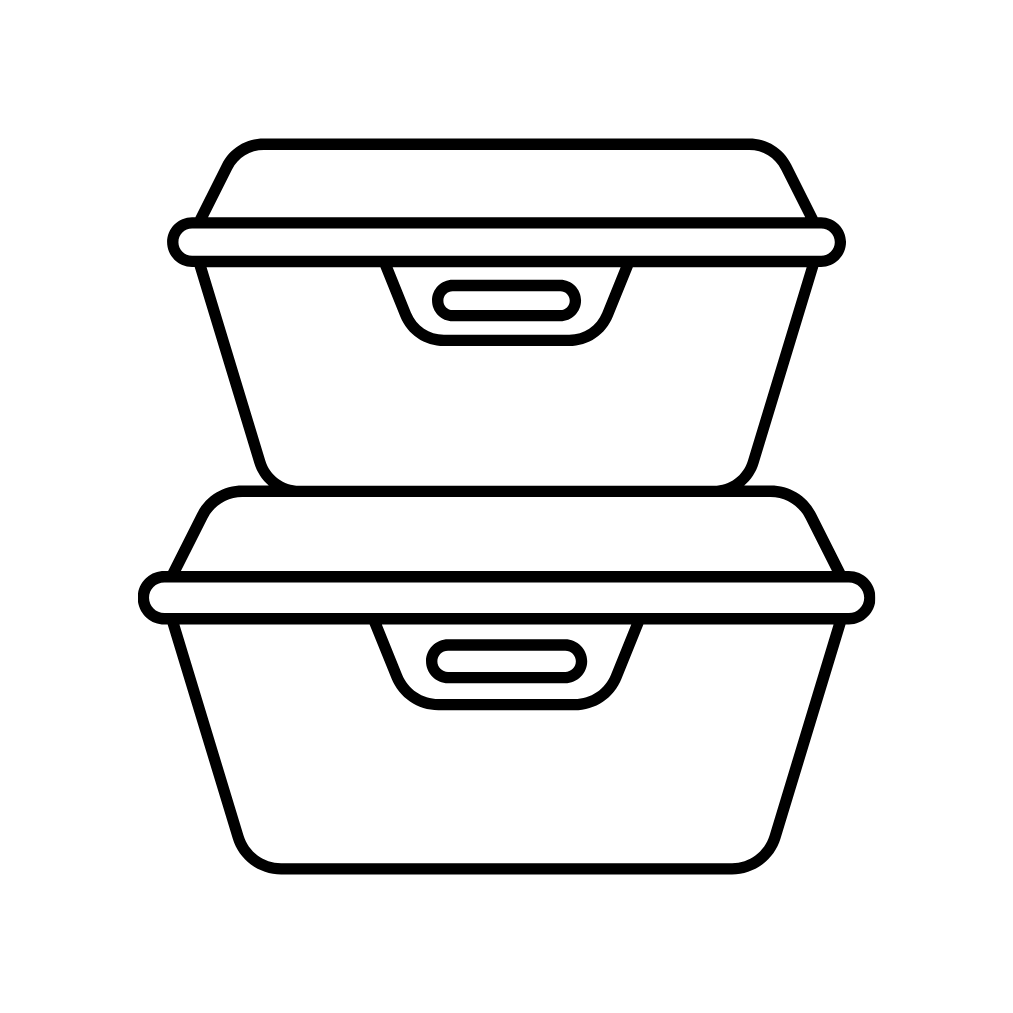 Outline drawing of two food storage containers stacked on top of each other, with lids.