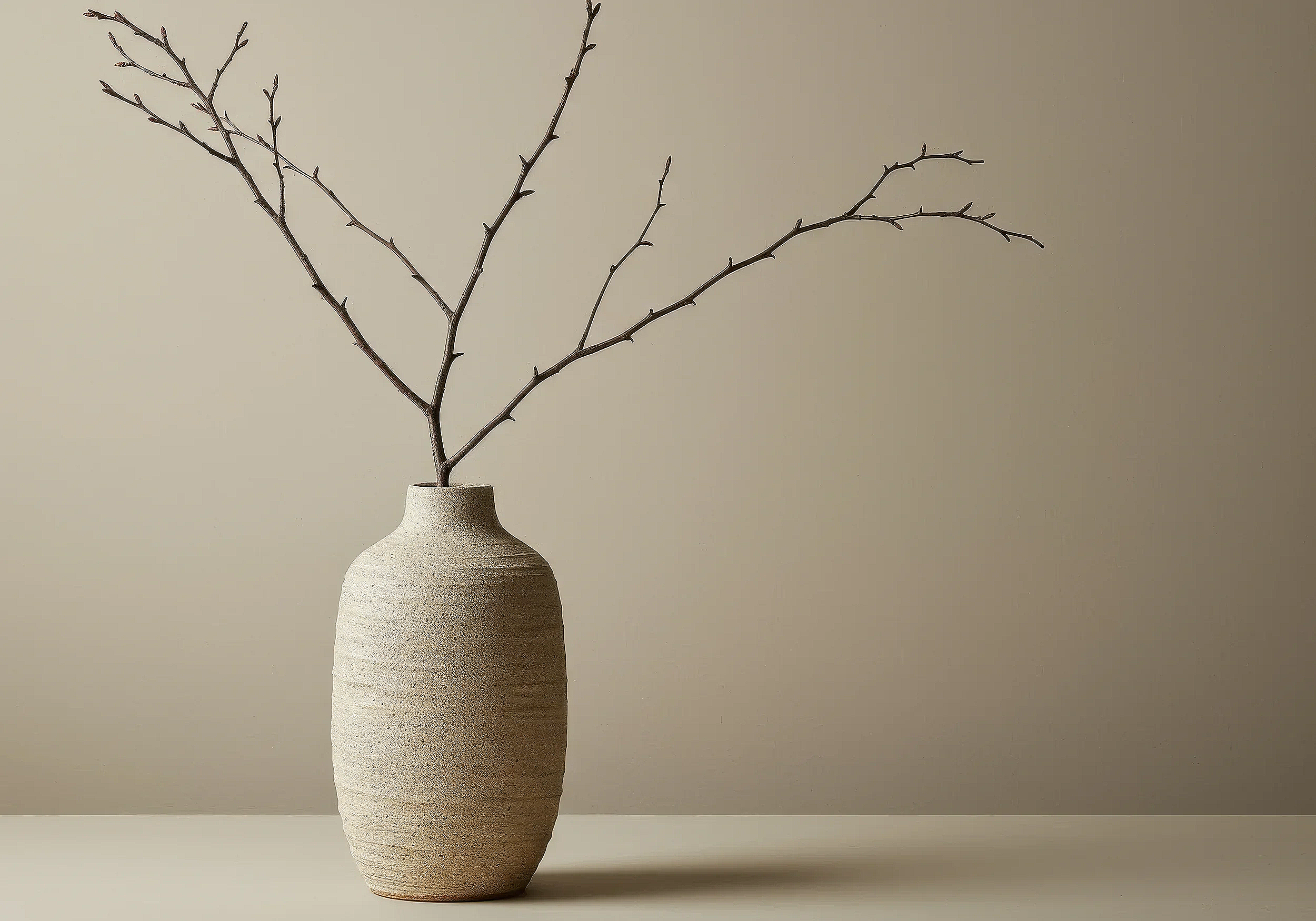 A beige ceramic vase with a textured surface, holding a bare, leafless tree branch with multiple smaller twigs, placed on a flat surface against a plain beige background.
