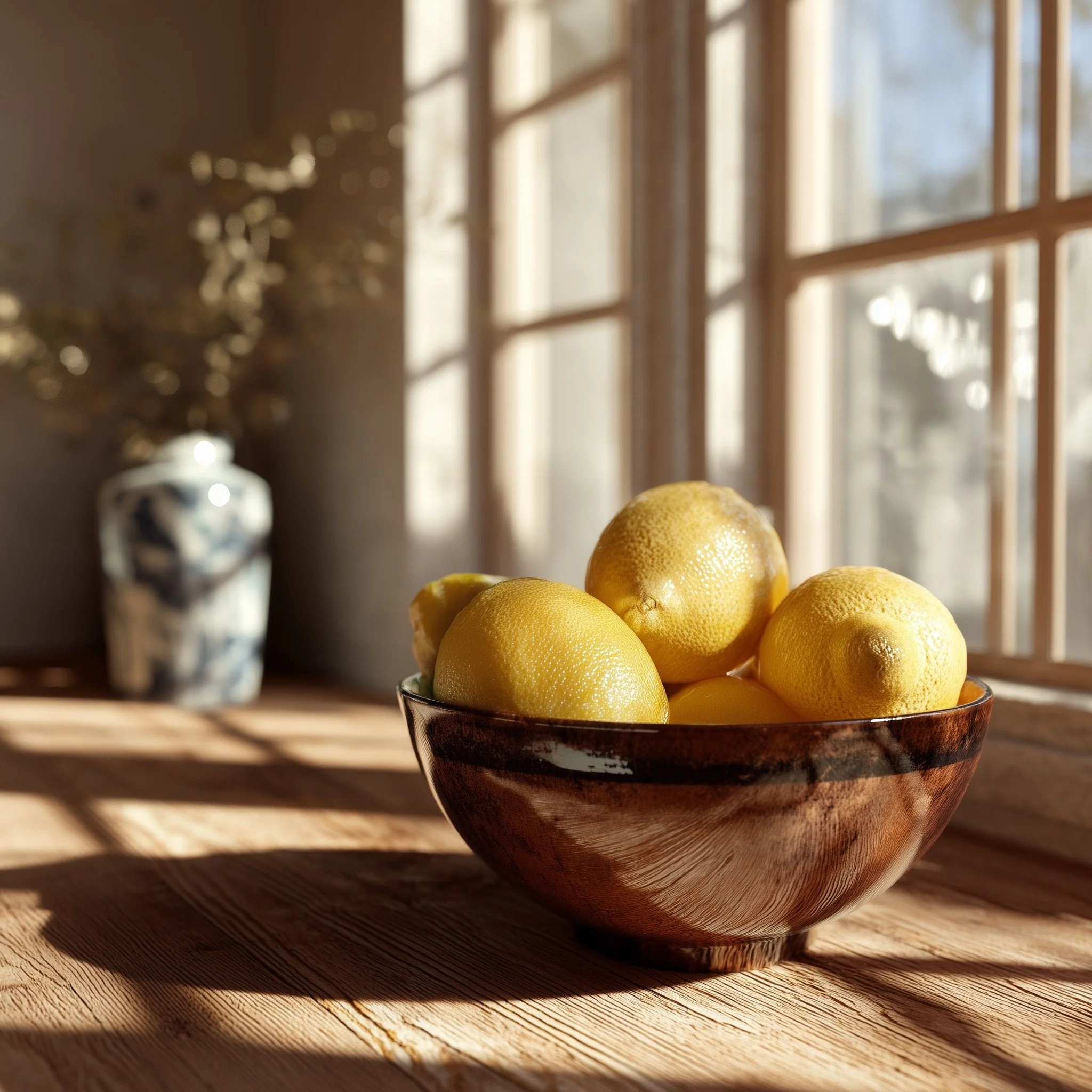 A wooden bowl filled with yellow lemons placed on a wooden table near a sunlit window.