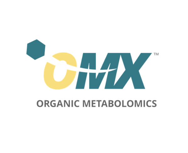 Logo for OMAX Organic Metabolomics featuring a hexagon, a stylized molecular structure, and bold teal text. Advanced functional test testing for metabolic and methylation disturbance. genetic expression - identifying gene Function + dysfunction.