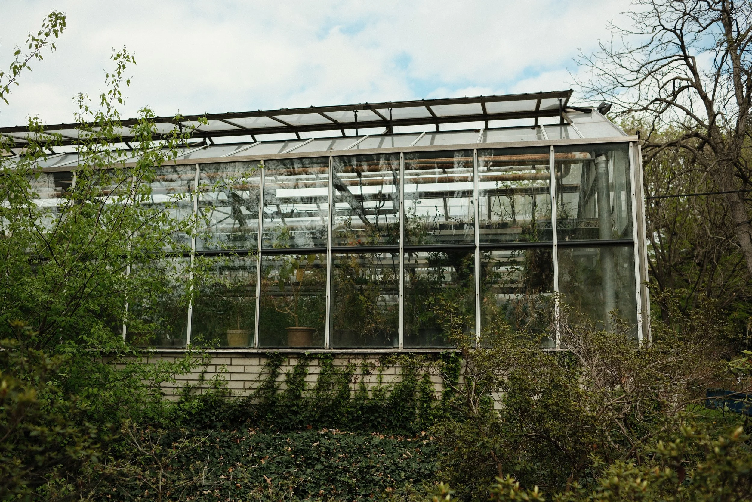 A greenhouse with glass walls and roof, surrounded by bushes and trees, under a cloudy sky.