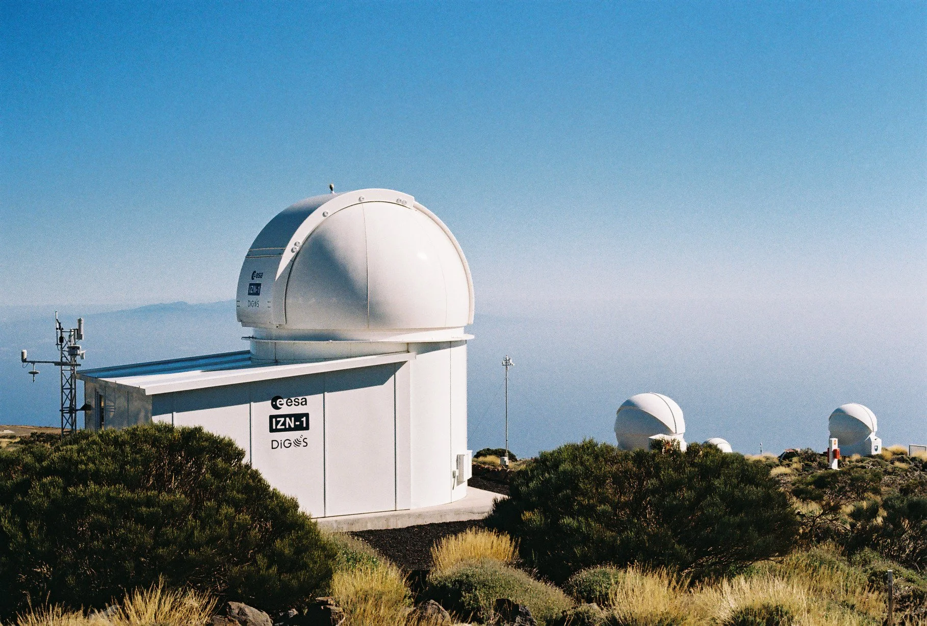 Multiple white telescopes at an observatory site with bushes, against a clear blue sky.