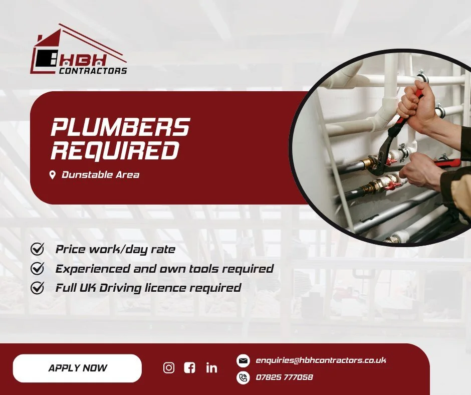 🚨 WE'RE HIRING! 🚨

HBH Contractors is expanding, and we&rsquo;re looking for skilled professionals to join our growing team in the Dunstable area!

🔧 Current Vacancies:
✅ Plumbers
✅ Gas Engineers
✅ Multitradesmen

💼 What We Offer:
✔ Competitive p