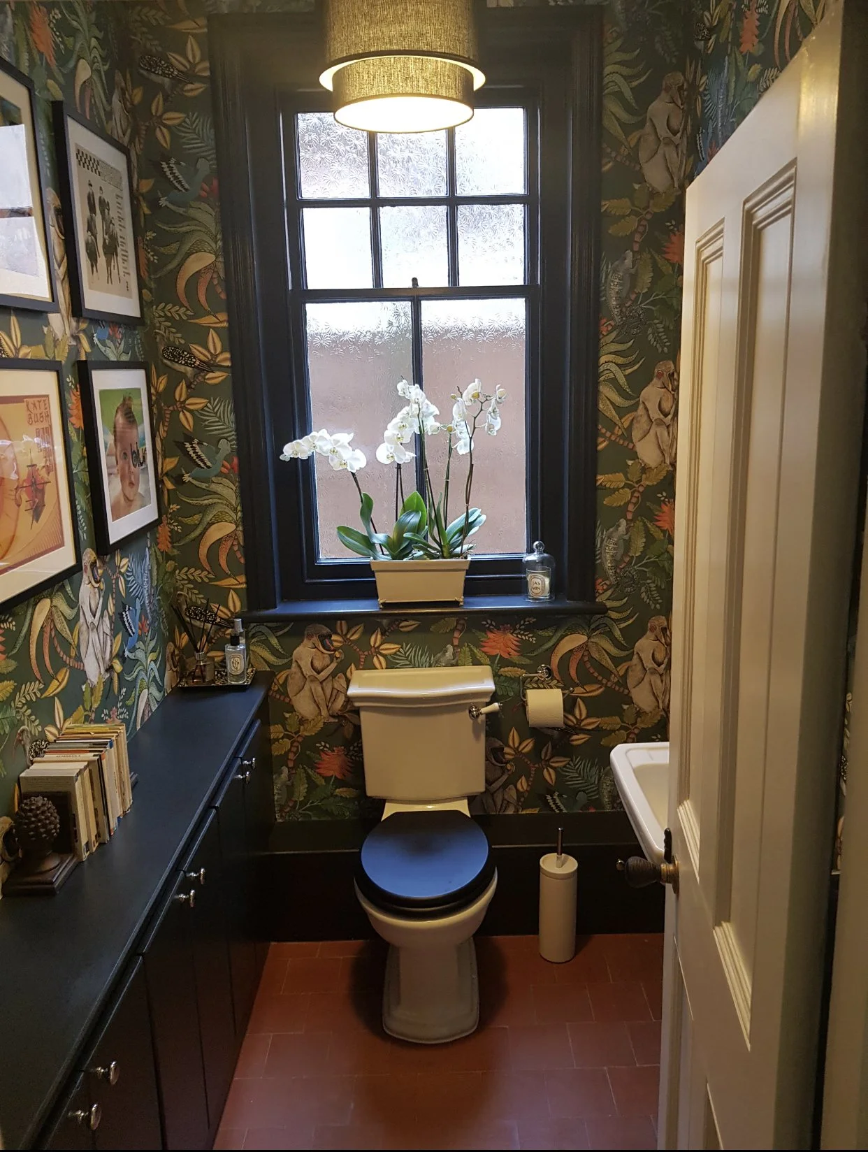 A small bathroom with pirate-themed wallpaper featuring pirates and tropical foliage. Contains a white toilet, black cabinet with books, and a window with a potted orchid plant. Framed pictures on the left wall, a hanging light fixture, and a white door.