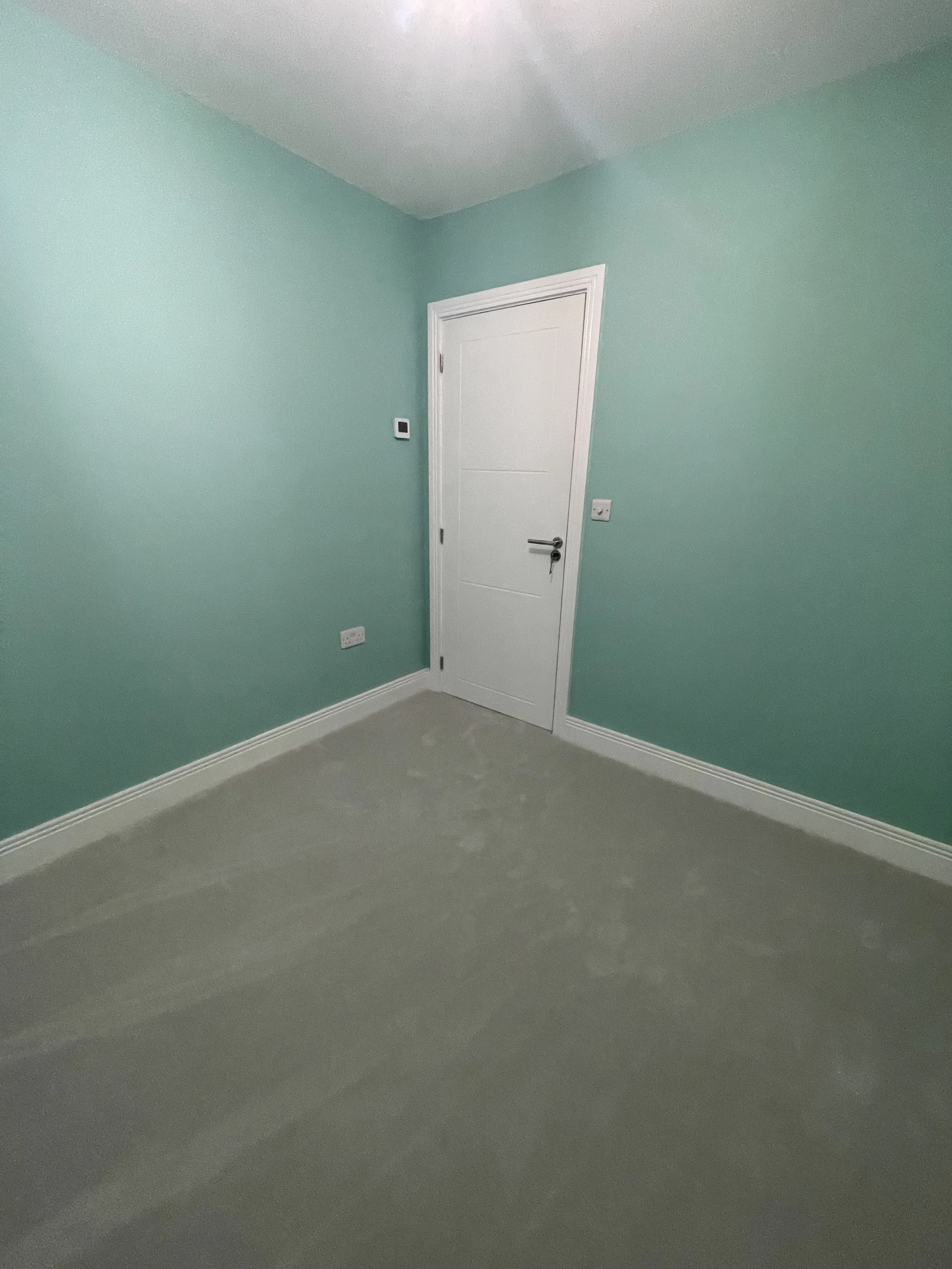 Empty room with light teal walls, white door, gray carpet, and white baseboards.
