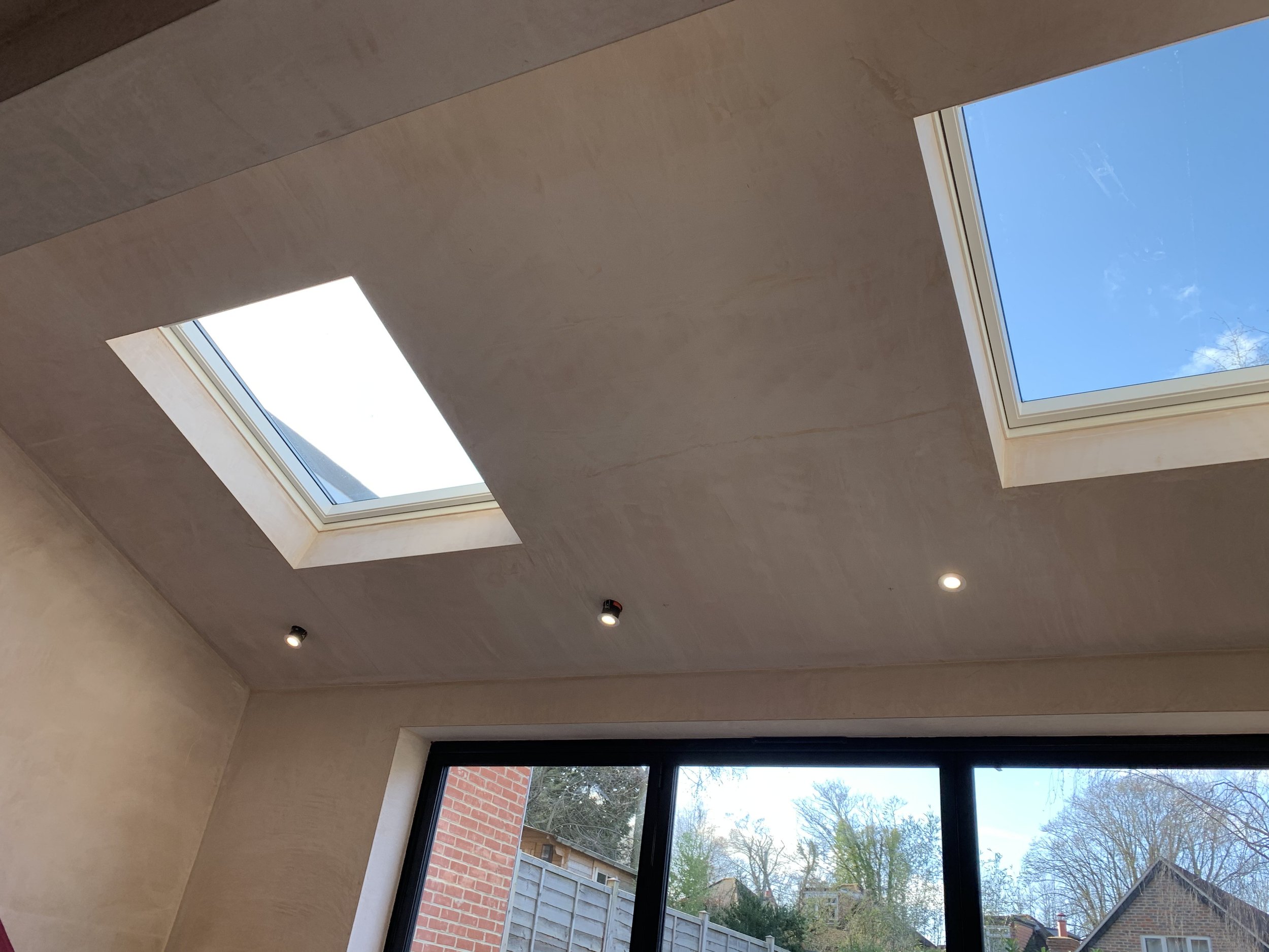 Ceiling with two skylights and a window showing an outdoor scene with houses and trees.