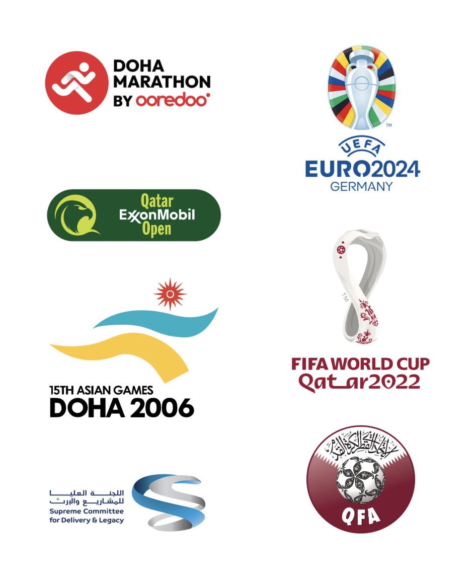 Collection of logos for various sports events and organizations, including the 2024 UEFA Euro soccer tournament, the 2022 FIFA World Cup in Qatar, the Doha 2006 Asian Games, the Qatar ExxonMobil Open tennis tournament, the Doha Marathon, and the Supreme Committee for Delivery and Legacy of Qatar.