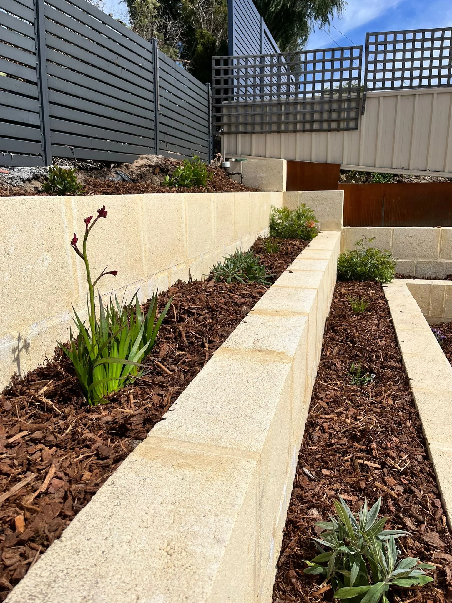A landscaped garden with a raised bed made of beige stone blocks, containing various plants and flowers, bordered by grey, brown, and beige fencing under a blue sky.