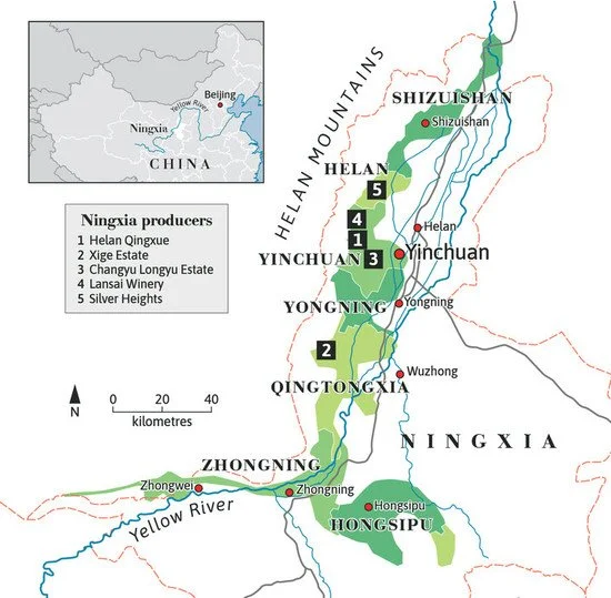 Map of Ningxia wine region in China showing locations of key producers, including Helan Qingxue, Xige Estate, Changyu Longyu Estate, Lansai Winery, and Silver Heights, with surrounding mountain ranges and rivers.