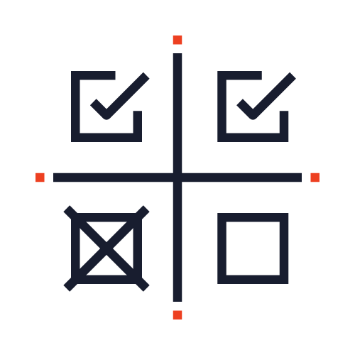 A 4-quadrant target with checkmarks in the top left and top right, an X mark in the bottom left, and an empty square in the bottom right.