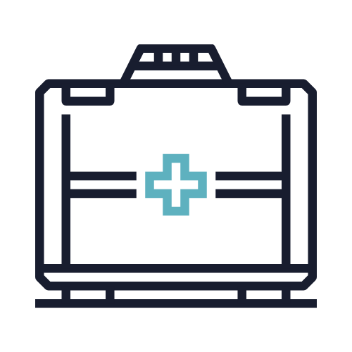 Outline of a medical supply kit with a medical cross symbol in the center.