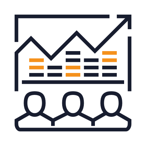 Line graph with upward trending arrow, bar graphs in orange and black, and three connected people icons below.