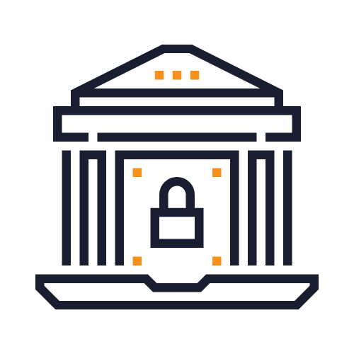 National Anti-Scam Utilities./ Fraud Portals - Outline of a classical building with columns and a lock symbol in the center, with orange accents.