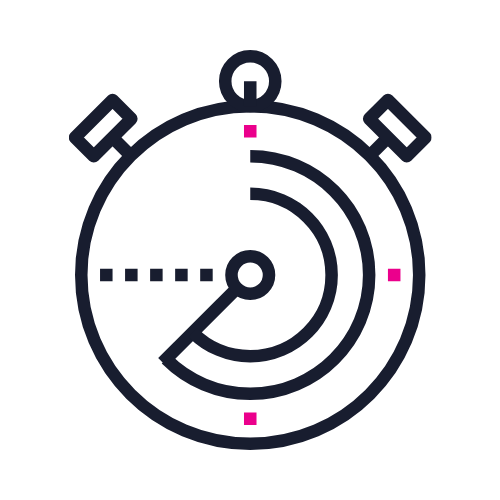 Simple stopwatch icon with pink markings on a black background.