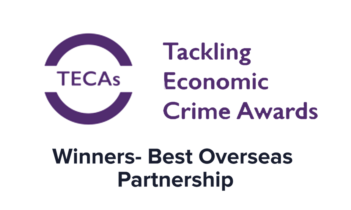 Logo for the Tacking Economic Crime Awards with the text Winners, Best Overseas Partnership.