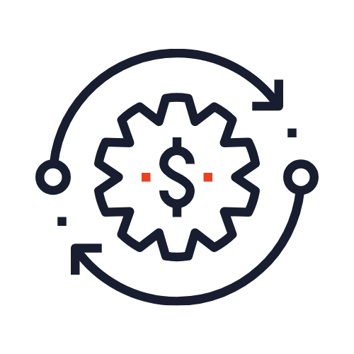 Icon of a gear with a dollar sign inside, surrounded by circular arrows and small dots, representing finance or financial cycle.