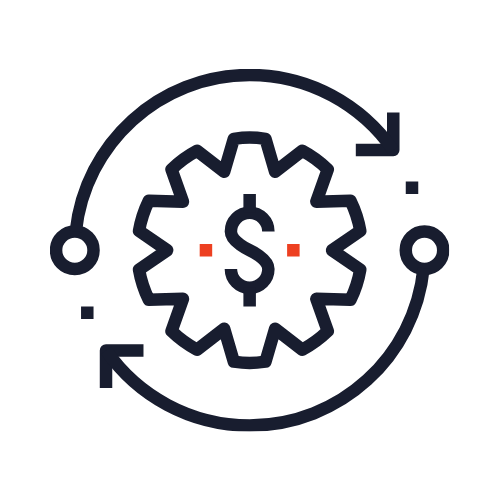 A gear with a dollar sign in the center, surrounded by circular arrows and small dots, representing financial process or cycle.