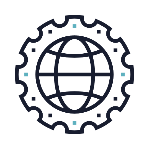 Icon of a globe surrounded by a gear, representing global technology or engineering.