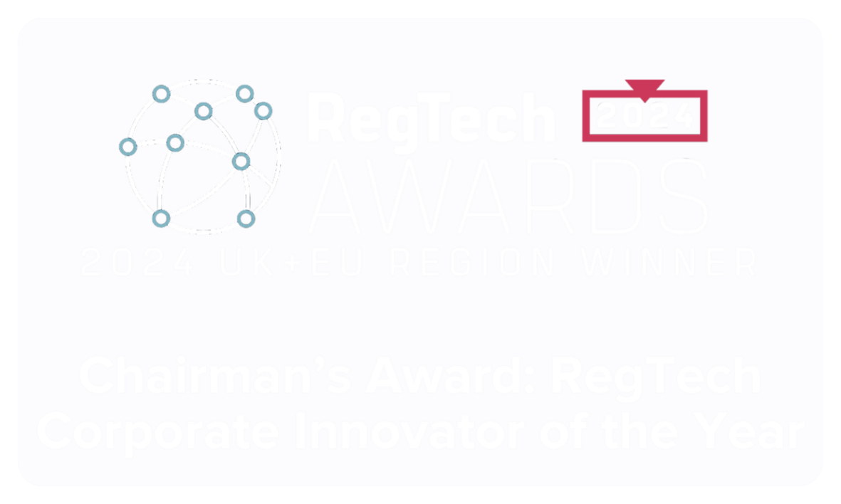 Award badge with a network icon, text 'RegTech 2024 UK+EU Region Winner,' and a title indicating the 'Chairman's Award: RegTech Corporate Innovator of the Year'.