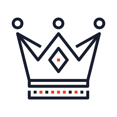 Line drawing of a crown with three points and circular decorations on top, embellished with red details on the middle and bottom sections.