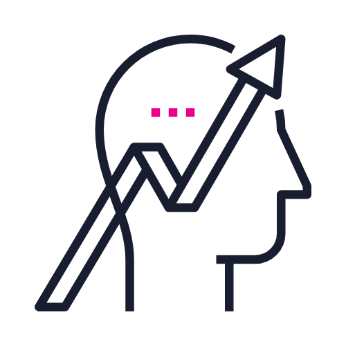 Outline of a person's head with an upward trending arrow and a line graph inside, symbolizing growth or progress.