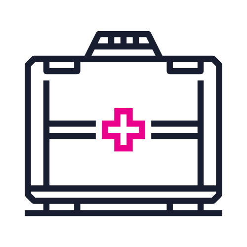 Icon of a medical supplies kit with a pink cross on the front.