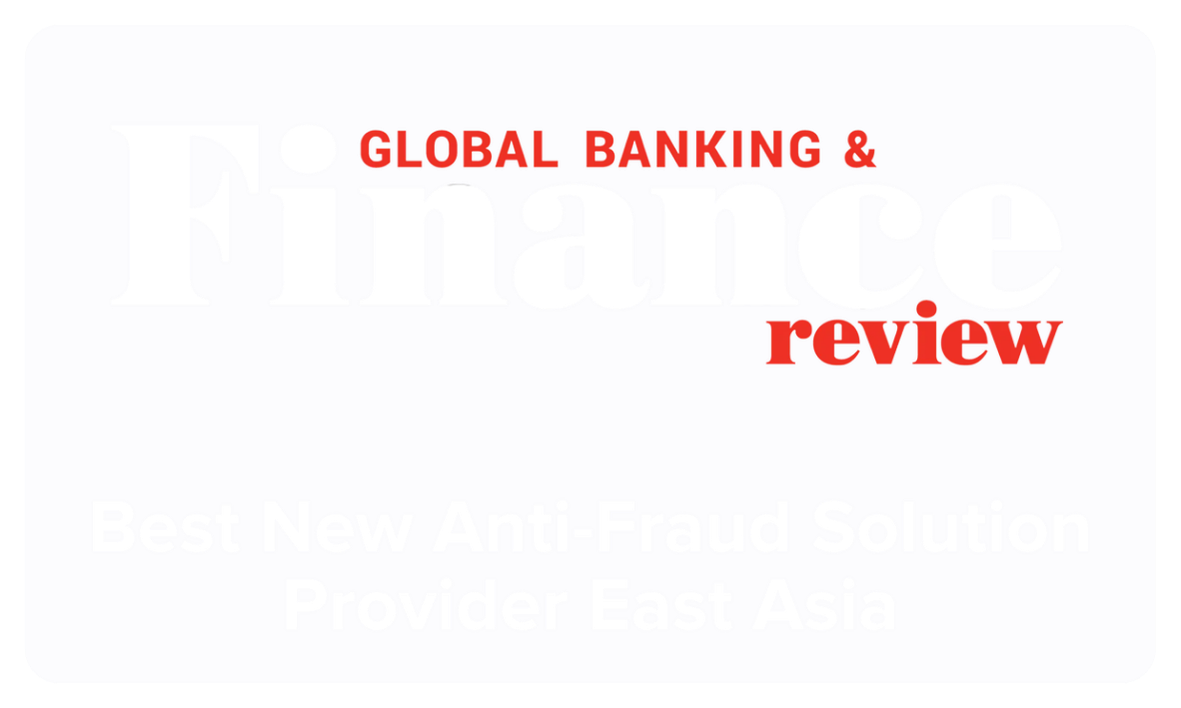 'Global Banking & Finance Review: Best New Anti-Fraud Solution Provider East Asia' with the words 'Finance' in large light gray font in the background.