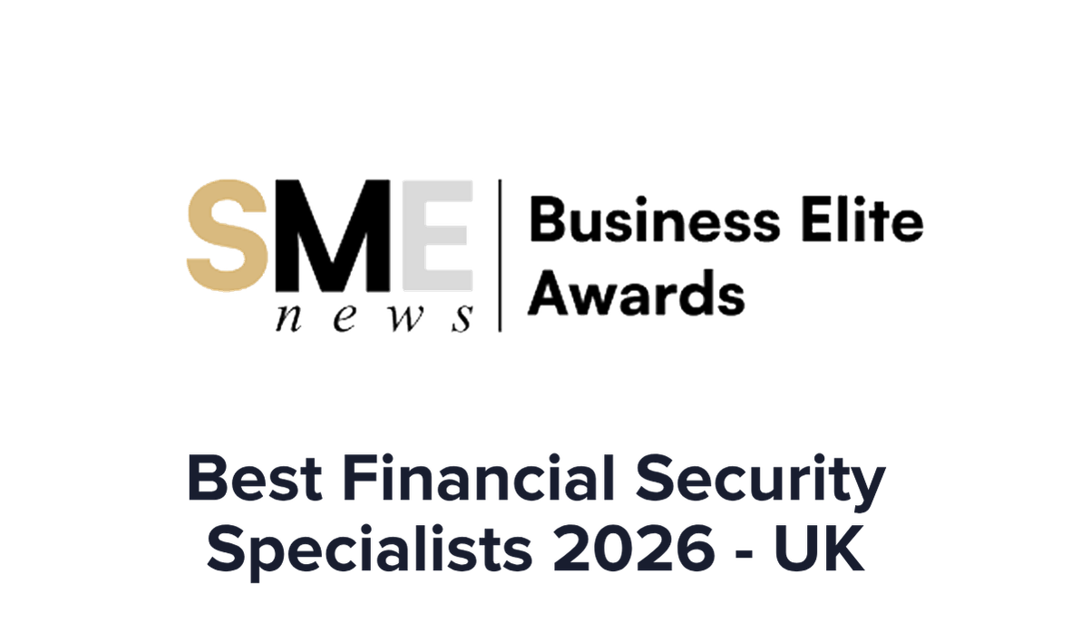 SME Business Elite Awards logo with the text "Best Financial Security Specialists 2026 - UK".