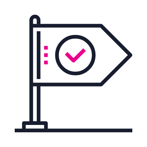 Flag with a checkmark inside a circle, mounted on a stand.