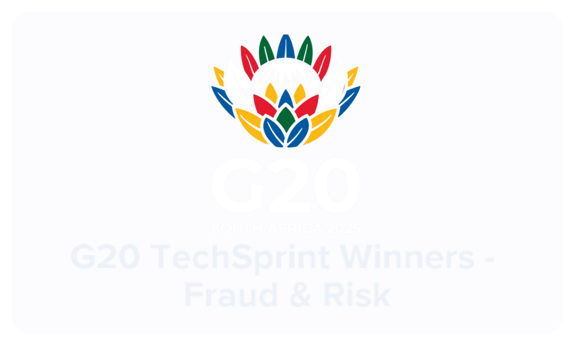 G20 South Africa 2025 logo featuring an abstract emblem with multiple colored shapes and the text "G20 South Africa 2025" and "TechSprint Winners - Fraud & Risk".