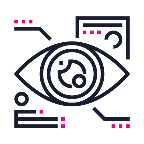 A stylized graphic of an eye with digital and technological elements, including lines and squares, representing surveillance or data analysis.