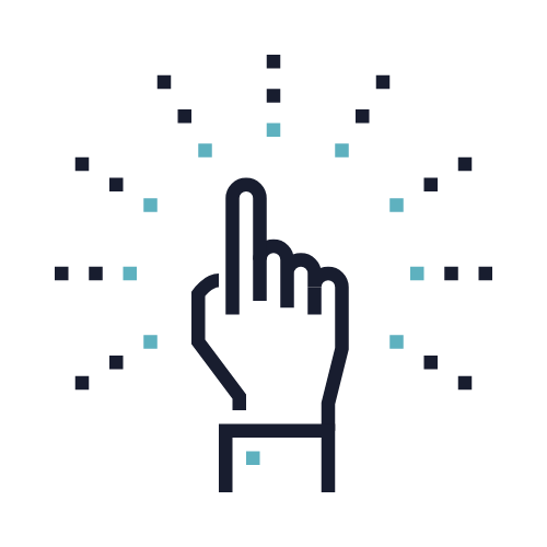 Outline of a hand with the middle finger extended, surrounded by small squares and dots, on a black background.
