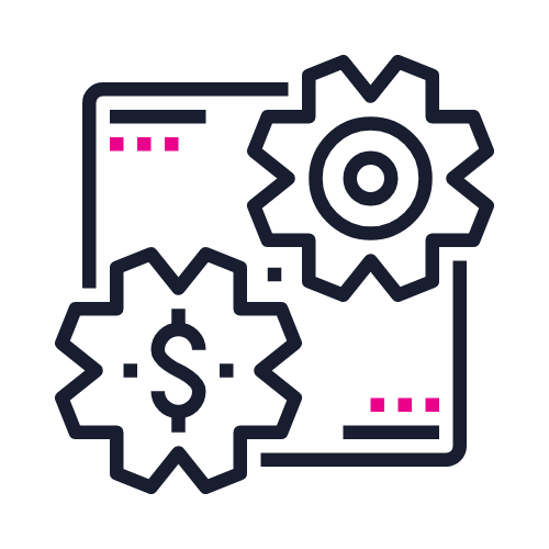 Outline of a computer screen with gear icons and a dollar sign, representing financial technology or automation.