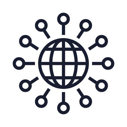 Icon of a globe with lines connecting to smaller circles, representing global connectivity or network.