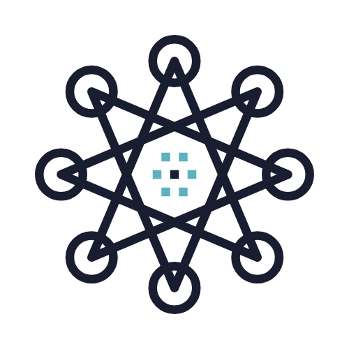 A stylized molecular structure with interconnected circles and lines on a black background, with a central cluster of small squares.