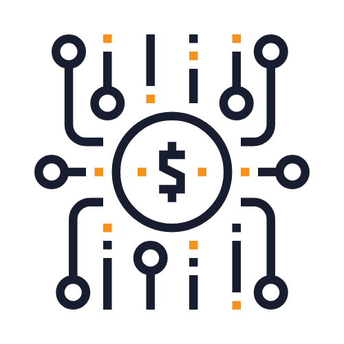 A graphic illustration of a dollar sign enclosed in a circle at the center, with lines and circles extending outward, representing a financial or technological concept.
