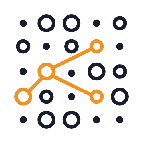Icon of a line chart with three points over a background of various-sized circles.
