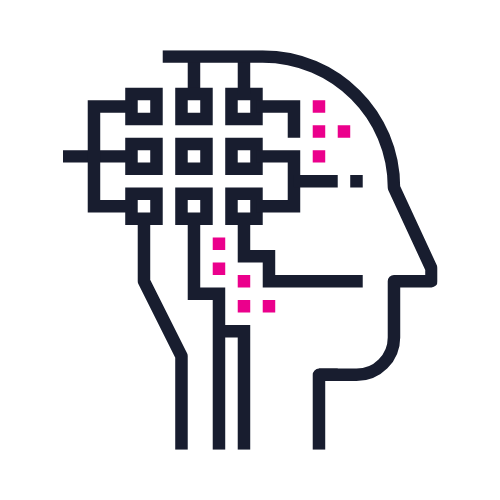 Illustration of a human head with a neural network or brain represented by a maze-like structure in the brain area and pink dots indicating points of interest or activity.
