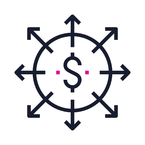 A compass with an 'S' in the center, surrounded by black background, pink squares, and directional arrows.