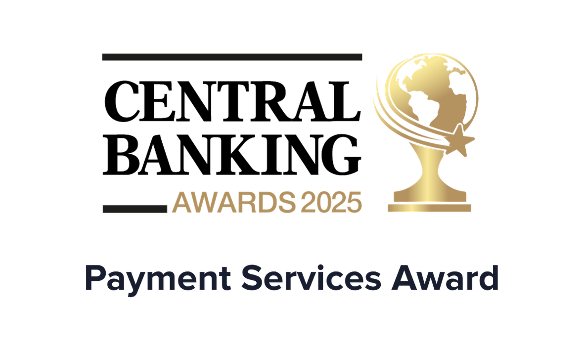 Central Banking Awards 2025 Payment Services Award logo, featuring a gold globe with a star and a tiered base, with text in black, gold, and navy blue.