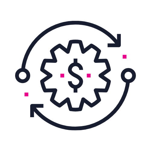 Icon of a gear with a dollar sign inside, surrounded by circular arrows and pink dots, representing financial or economic cycle.