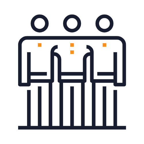 Diversity - Icon of a group of four businesspeople in suits, with a bar chart and three circles representing data or collaboration.