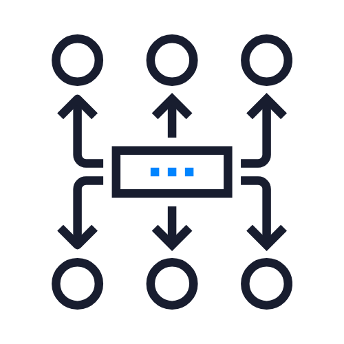 Diagram of a network flow with six circles connected to a central rectangular node, with arrows indicating data or process flow between them.