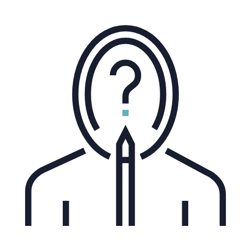 Outline of a person with a question mark in the head area, representing anonymity or mystery.