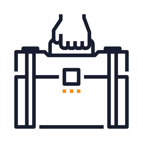 Line drawing of a hand holding a backpack with a small square pocket and three small dots on the front.