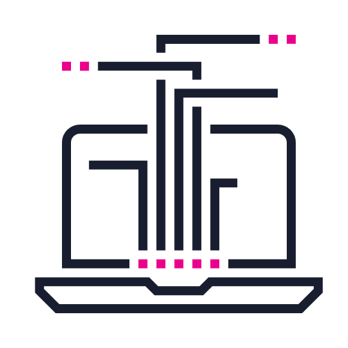 The image shows a stylized laptop computer with lines and pink dots indicating data transfer or connections.