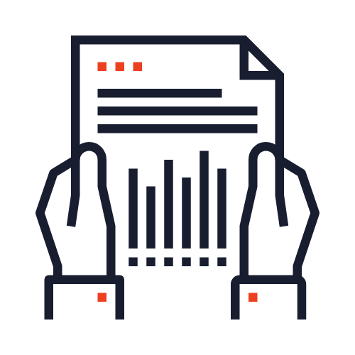Icon of two hands holding a document with bar graphs and lines, indicating data analysis or report.